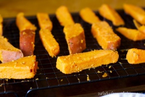 thick cut sweet potato fries on a rack